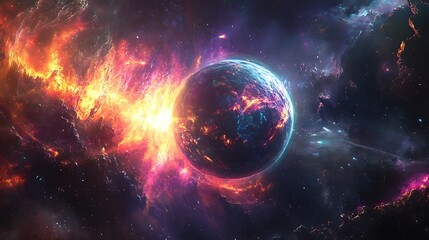 Fiery cosmic explosion surrounding a vibrant planet.
