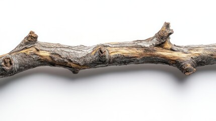 Fototapeta premium Stick with rough bark and knots, horizontal layout on white background