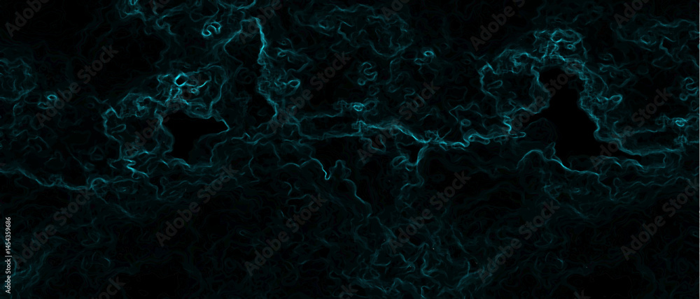 Poster abstract digital texture with electric teal fractal-like lines flowing over a deep black background.