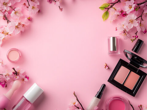 Spring Beauty Makeup Flatlay  Pink Cosmetics   Cherry Blossoms