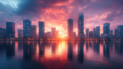 Fototapeta premium Cityscape at sunset reflecting on calm water with modern architecture
