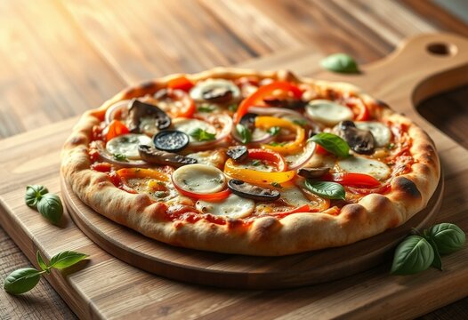 Veggie pizza on a wooden cutting board with melted mozzarella cheese and colorful vegetables