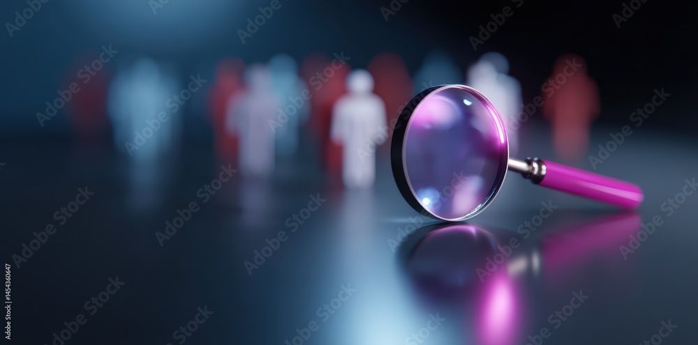 Poster magnifying glass is positioned prominently foreground, reflecting light and casting shadow smooth su