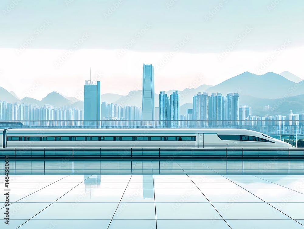 Aufkleber 未来的な高速鉄道が都市のスカイラインを背景に青空の下を走る 美しい反射とモダンなデザイン