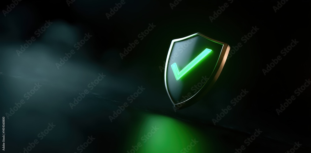 Poster 3d render of shield featuring glowing green checkmark, symbolizing security and trust. dark backgrou