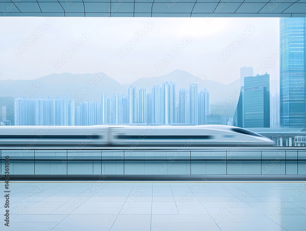 Poster 都市景観と高速鉄道の調和 青い色調の未来的な風景 高速移動する電車と高層ビルの背景