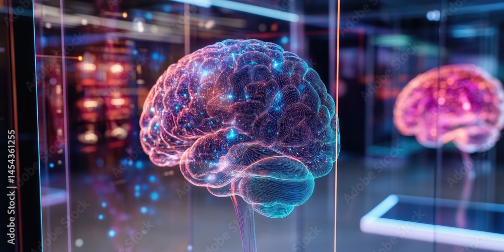 Poster An innovative neuroscience lab with transparent brain imaging technology and holographic neuron models.