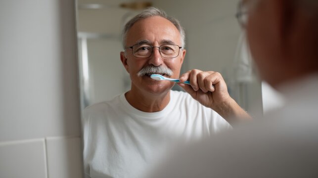 Senior man with mustache is smiling while brushing his teeth in front of bathroom mirror. He wears glasses and white shirt, showcasing moment of personal care and hygiene