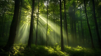 Obraz premium Sunlight streams through a dense forest canopy.