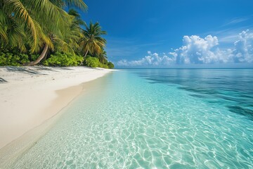 Fototapeta premium Tropical beach with crystal clear water and palm trees in paradise setting