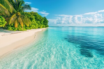 Fototapeta premium White sandy beach with turquoise water and palm trees under clear sky