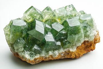 Lustrous green apophyllite crystal cluster with rough rock base showcasing gemstone beauty