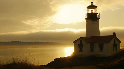 Fototapeta premium Golden sunrise illuminates a lighthouse over a tranquil bay