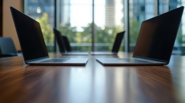 Team meeting candid, office table with laptops