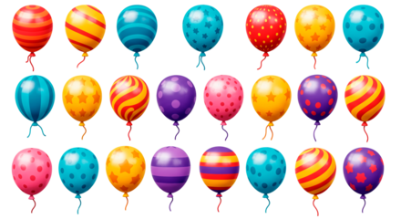 An assortment of vibrantly colored balloons, each featuring different designs such as stars, stripes, and polka dots, floating in a group.