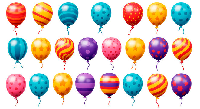 An assortment of vibrantly colored balloons, each featuring different designs such as stars, stripes, and polka dots, floating in a group. - Powered by Adobe