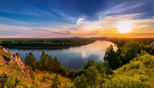 inya river in novosibirsk region during sunset