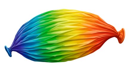 Colorful deflated party balloon with a rainbow spectrum, textured and lying horizontally on black background, a study in contrasts.