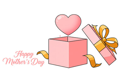 A stylized gift box with a heart emerging, tied with a gold ribbon, sits beside "Happy Mother's Day" text on a black background.