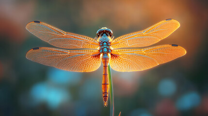 Close-up of a dragonfly perched on a blade of grass, glowing wings extended