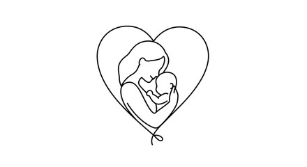 Minimalist outline art depicting a mother cradling her child within a heart shape, emphasizing love and connection, set against black background.