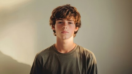 Fototapeta premium Teen boy portrait, casual T-shirt, bright lighting, neutral backdrop
