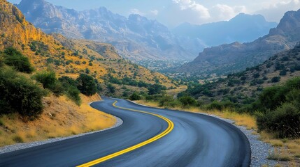 Fototapeta premium A captivating view of a winding road through majestic mountains under a clear blue sky.