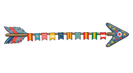 Whimsical decorative arrow with colorful feathers, banner flags, and whimsical star patterns against a plain background.