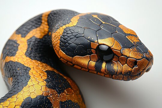 Closeup of a vibrant black and orange python with intricate scales in high detail