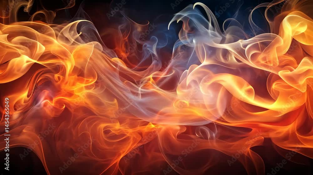 Poster fiery, ethereal swirls of orange and blue dance in mesmerizing, abstract patterns across a dark back