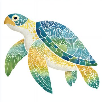Watercolor illustration of a sea turtle with a mosaic shell in shades of teal, green, and gold. The turtle is depicted swimming, and the artwork has a tranquil and serene atmosphere.