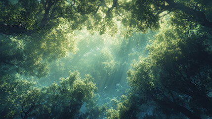 Fototapeta premium A sunlit forest seen from above reveals a landscape of trees with shifting patterns of light and shadow