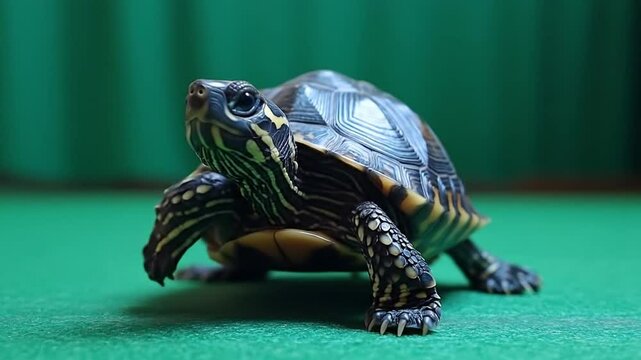 Detailed Close-Up of a Striking Turtle on a Vibrant Green Background.