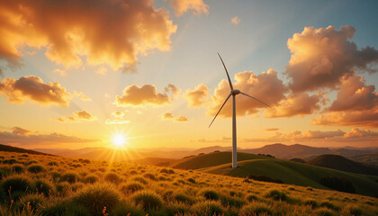 Obraz premium Wind turbine standing tall against a vibrant sunset landscape 