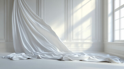 A white cloth drapes and flows across a blank room in this 3D render, evoking elegance and motion in a minimalist setting