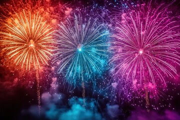 Fototapeta premium Vibrant fireworks display with red, blue, and purple bursts in a night sky celebration