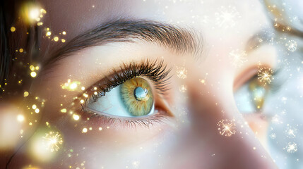 Closeup Woman Eyes With Golden Sparkle Makeup
