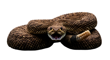 Rattlesnake opening mouth on black