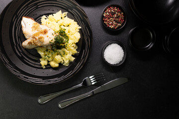 Typical czech cuisine zander fillet on garlic with mashed potatoes