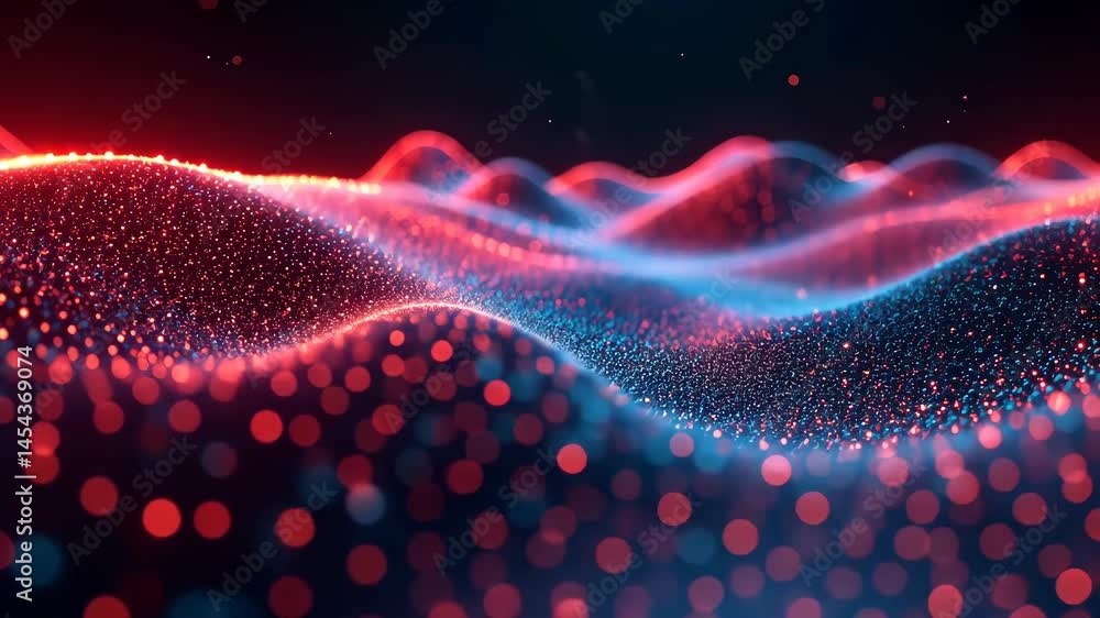 Poster glimmering particles dance in rhythmic waves of crimson and azure