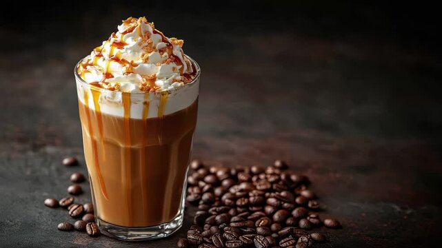 Glass of coffee with whipped cream and a pile of coffee beans. The coffee beans are scattered around the glass, creating a cozy and inviting atmosphere