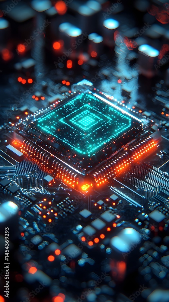 Aufkleber glowing microchip floating in a dark digital space