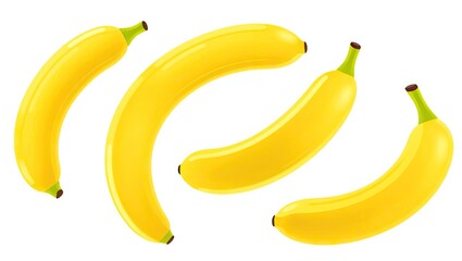 Four ripe yellow bananas arranged in a curved pattern on a white background