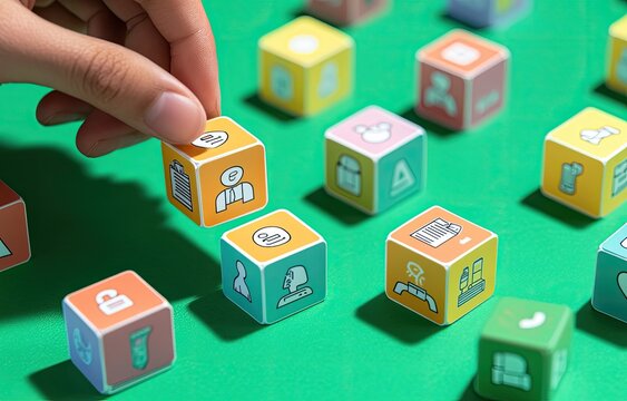 Hand placing a cube with a person icon among other colorful cubes with various icons