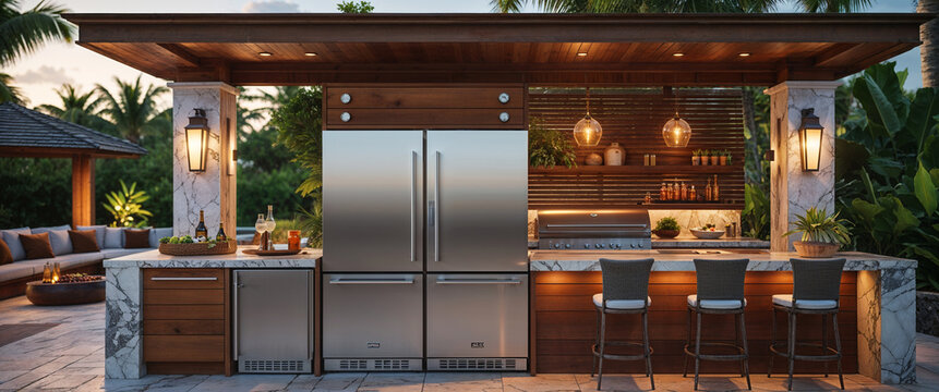 Luxurious outdoor kitchen with stainless steel appliances and modern bar seating in tropical setting