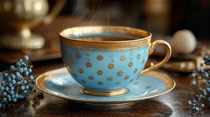 Fototapeta premium A delicate teacup, steaming hot, sits on a dark wooden surface, adorned with elegant patterns and accents