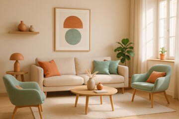 Fototapeta premium Cozy pastel living room design with simple composition and earth tones