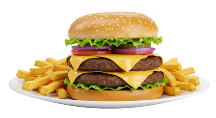 Double Cheeseburger with Fries on Plate