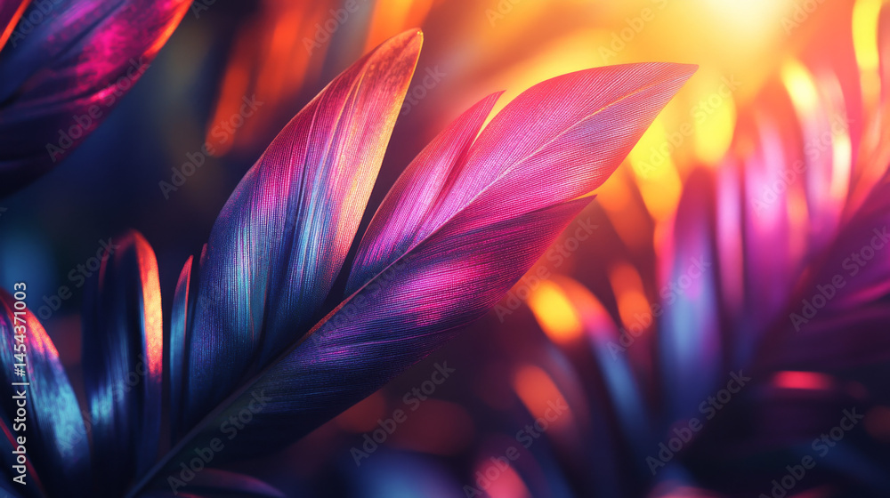 Poster artistic depiction of stylized palm leaves with vibrant light, rendered using computer-generated fra
