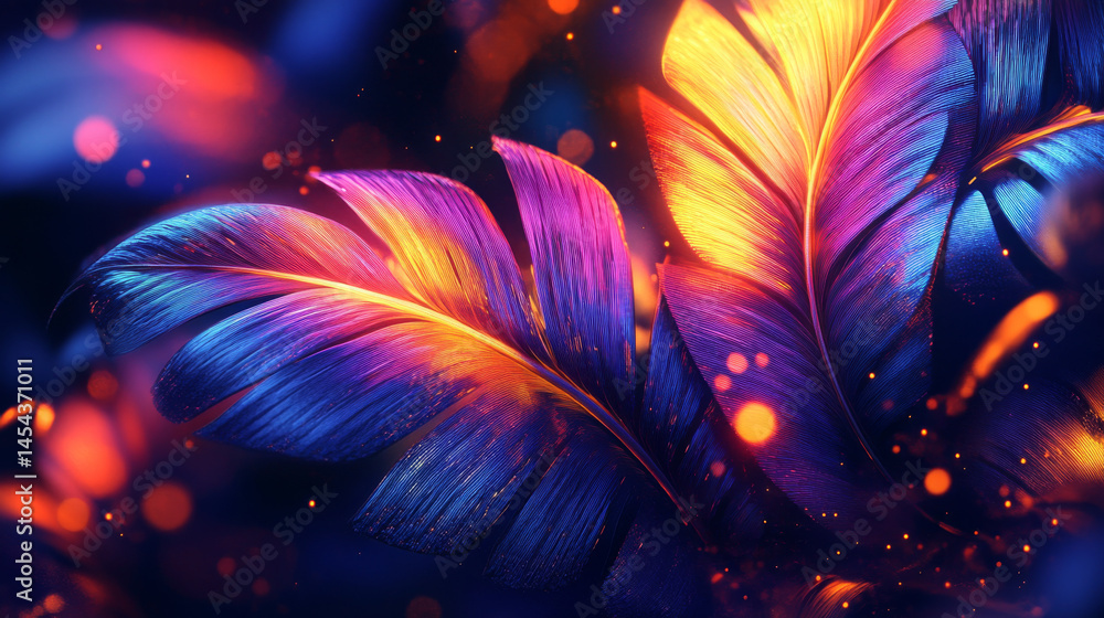 Poster artistic depiction of stylized palm leaves with vibrant light, rendered using computer-generated fra